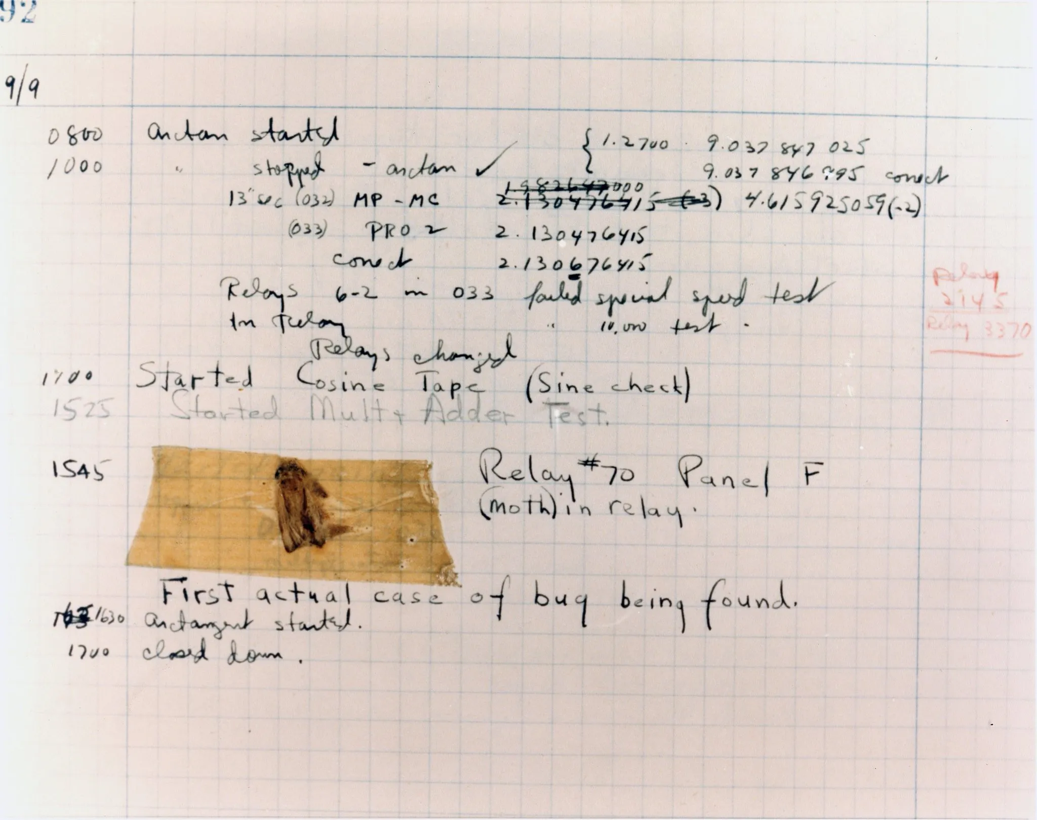 A page of the Harvard Mark II logbook with handwritten entries and a moth taped beside the note “First actual case of bug being found.”