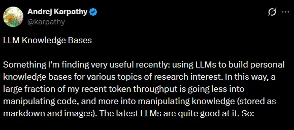 Screenshot of a post by Andrej Karpathy titled “LLM Knowledge Bases.”