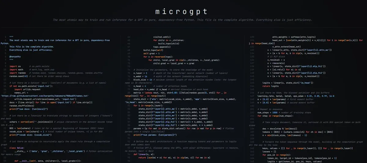 Screenshot of the microgpt source code.
